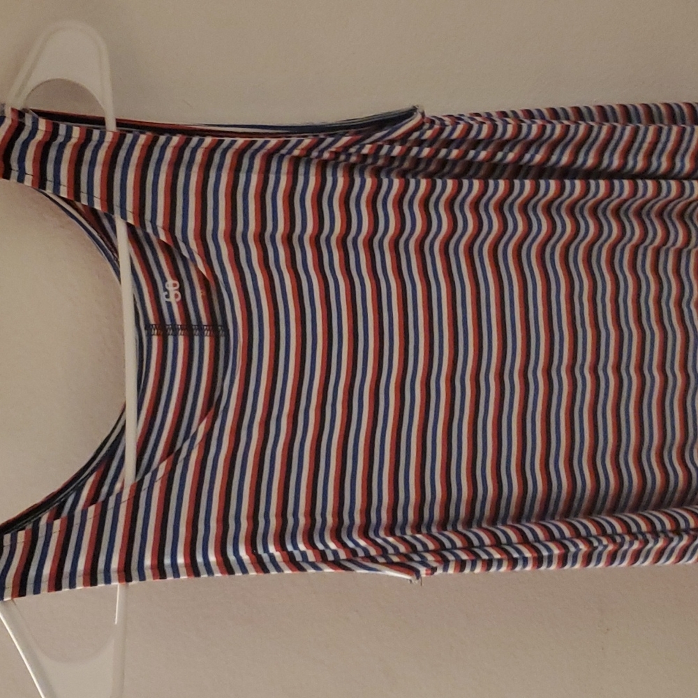 Red, white, blue, and black striped dress